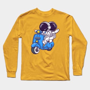 Cute Couple Astronaut Riding Scooter Cartoon Long Sleeve T-Shirt